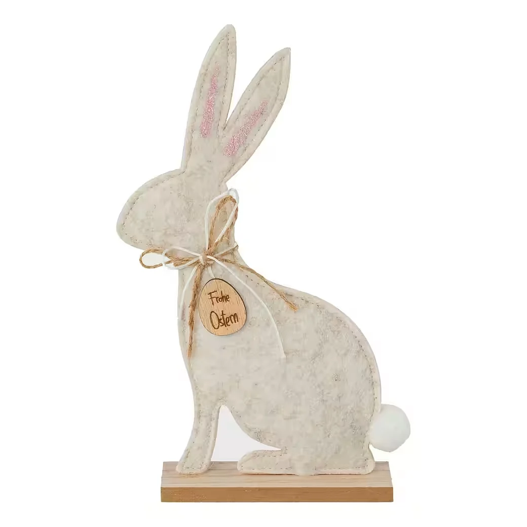 Deko-Osterhase aus Filz – sitzend auf Holzbase, 26 cm